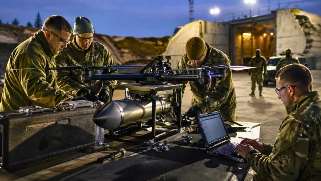 Drone militaire équipé d’une ogive anti-bunker BRAKER en cours de test sur une base avec ingénieurs et équipements techniques