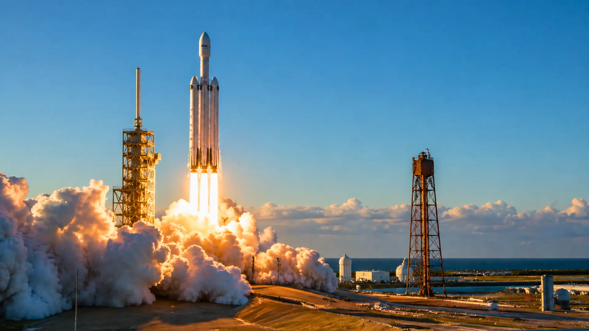 Lancement de la fusée Falcon Heavy avec ses trois boosters en pleine ascension depuis une base côtière au coucher du soleil