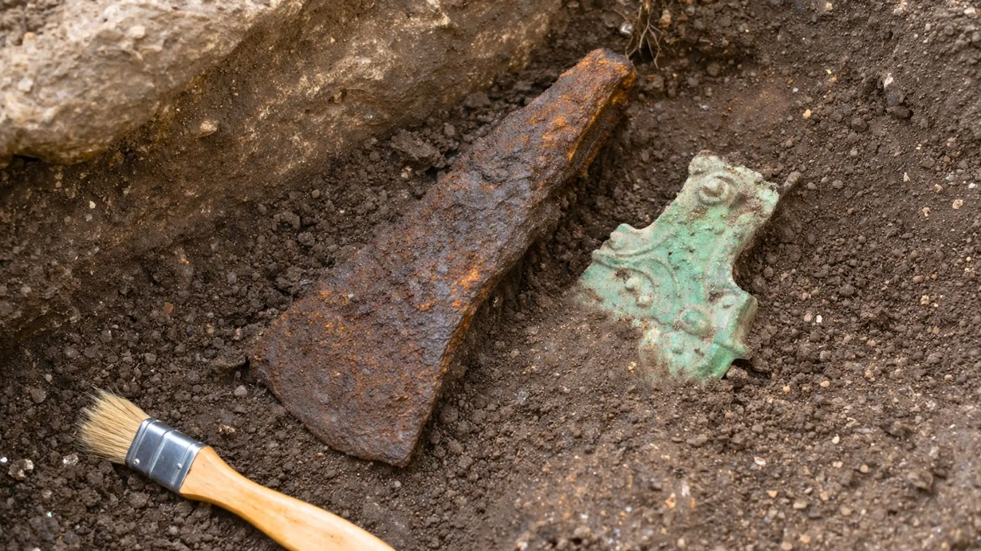 Un artefact en fer très corrodé, en forme de lame de hache primitive, repose à moitié enfoui dans la terre sombre d’une fouille archéologique, à côté d’un fragment de bronze ancien à patine verte.