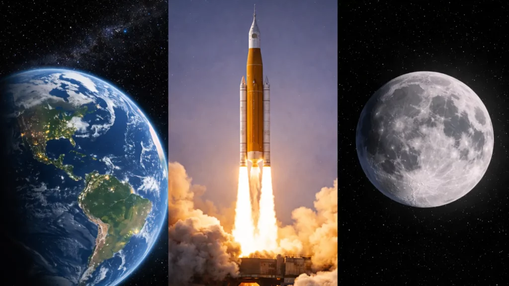 Vue de la Terre depuis l’espace, fusée SLS d’Artemis II au décollage et Lune en arrière-plan spatial