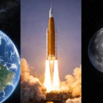 Vue de la Terre depuis l’espace, fusée SLS d’Artemis II au décollage et Lune en arrière-plan spatial