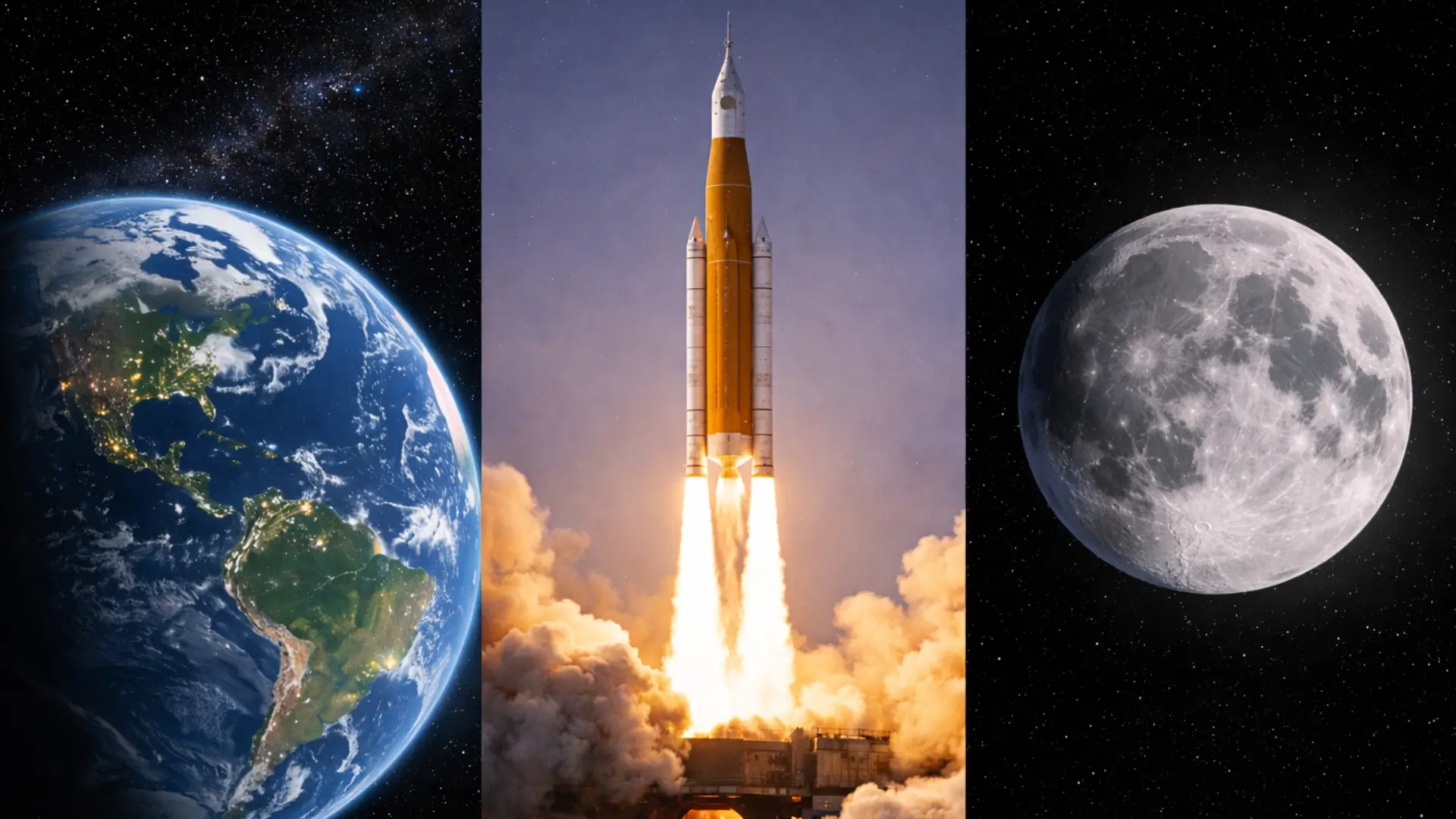 Vue de la Terre depuis l’espace, fusée SLS d’Artemis II au décollage et Lune en arrière-plan spatial