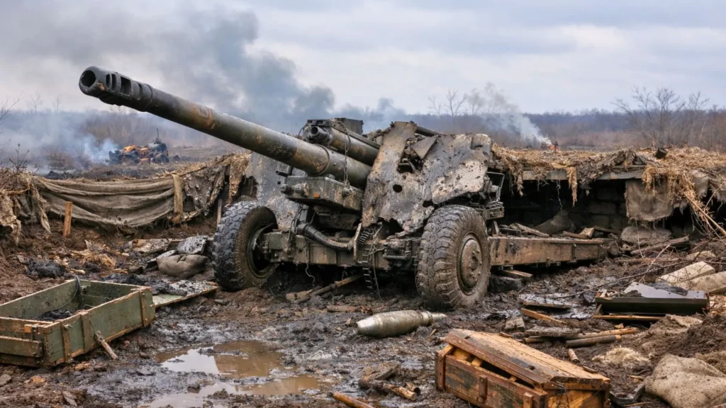 Un canon d’artillerie 2A36 Giatsint-B endommagé est abandonné dans une position camouflée, au milieu de la boue, après une frappe de drone.