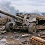 Un canon d’artillerie 2A36 Giatsint-B endommagé est abandonné dans une position camouflée, au milieu de la boue, après une frappe de drone.
