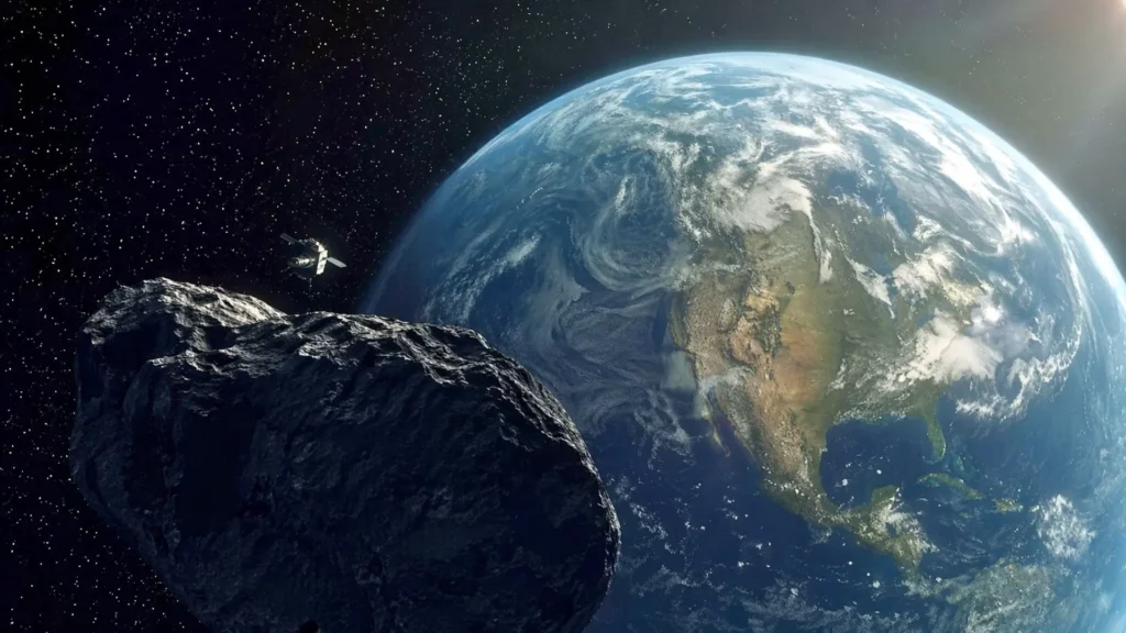 Un grand astéroïde sombre flotte au premier plan près de la Terre, tandis qu’un petit vaisseau spatial l’observe au-dessus, avec l’Amérique du Nord visible sous les nuages.