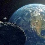 Un grand astéroïde sombre flotte au premier plan près de la Terre, tandis qu’un petit vaisseau spatial l’observe au-dessus, avec l’Amérique du Nord visible sous les nuages.