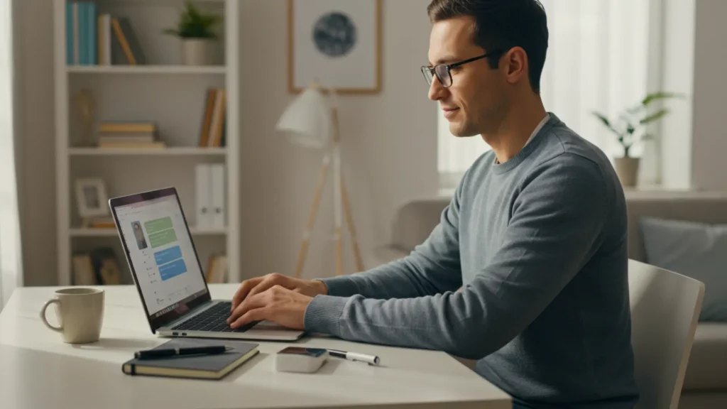 Homme utilisant une intelligence artificielle sur un ordinateur portable à son domicile