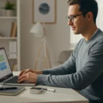Homme utilisant une intelligence artificielle sur un ordinateur portable à son domicile