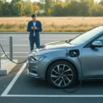 Voiture électrique grise en cours de recharge sur une borne rapide avec un homme consultant son smartphone à côté