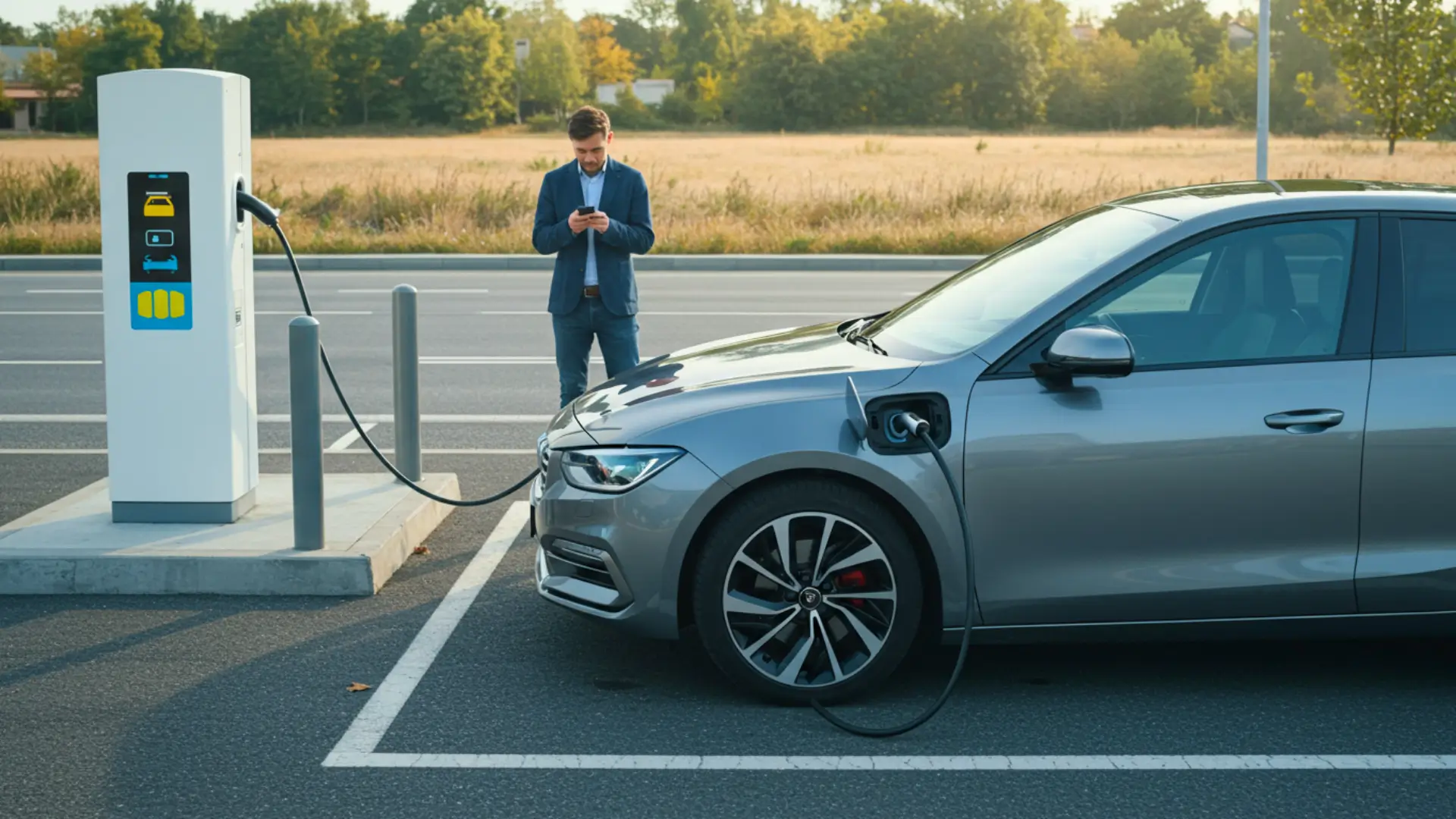 Voiture électrique grise en cours de recharge sur une borne rapide avec un homme consultant son smartphone à côté