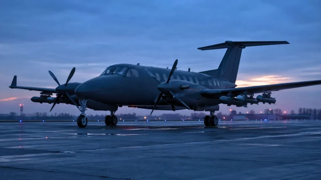 Un petit avion bimoteur à turbopropulseurs stationne sur une piste sombre au crépuscule, avec des drones intercepteurs fixés sous les ailes.