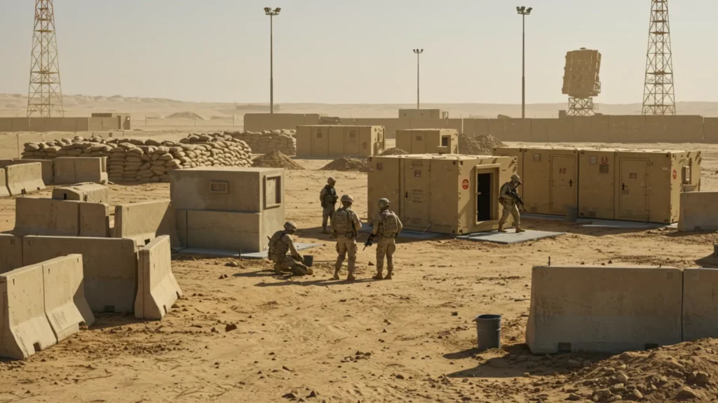 Soldats américains inspectant des abris renforcés sur une base militaire en zone désertique au Moyen-Orient