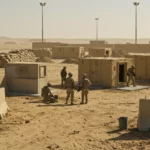Soldats américains inspectant des abris renforcés sur une base militaire en zone désertique au Moyen-Orient