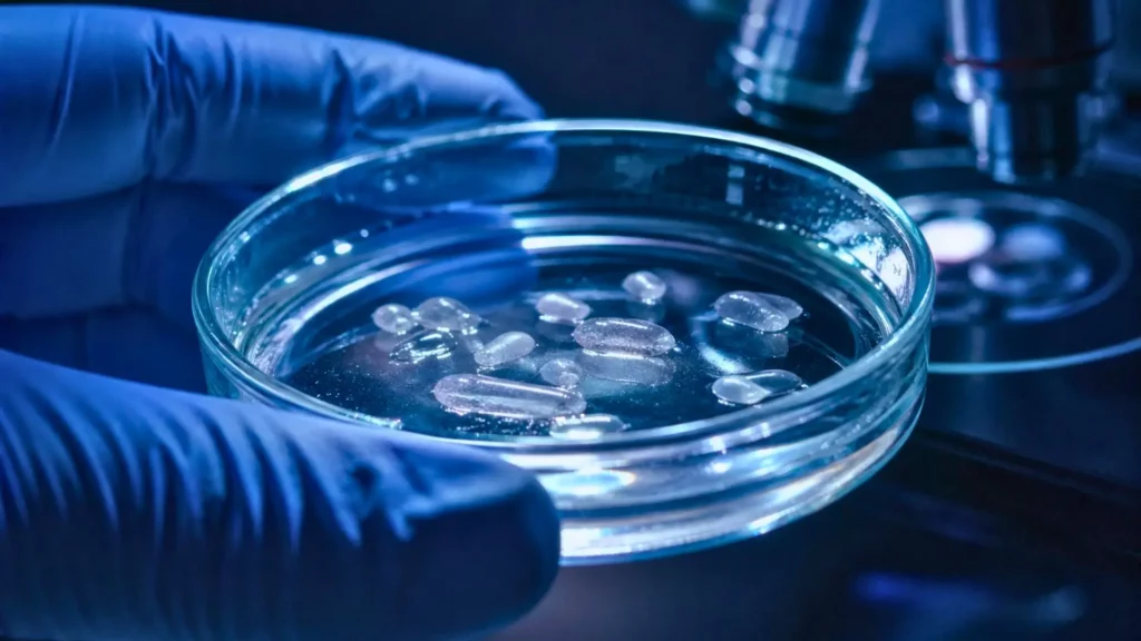 Une boîte de Petri éclairée par une lumière bleue contient de petites formes organiques translucides dans un liquide clair, observées en laboratoire.