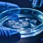 Une boîte de Petri éclairée par une lumière bleue contient de petites formes organiques translucides dans un liquide clair, observées en laboratoire.