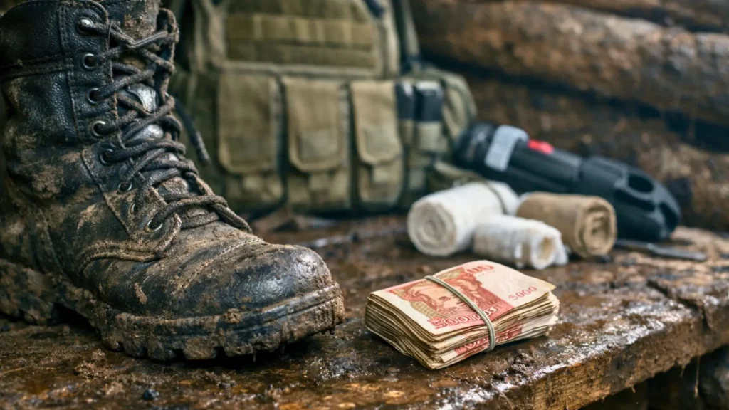 Une botte militaire usée et une liasse de roubles russes posées sur une surface en bois boueuse dans un abri de fortune, avec un gilet pare-balles et du matériel de secours en arrière-plan.