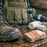 Une botte militaire usée et une liasse de roubles russes posées sur une surface en bois boueuse dans un abri de fortune, avec un gilet pare-balles et du matériel de secours en arrière-plan.