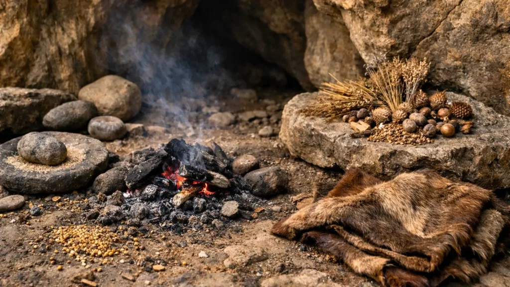 Un campement préhistorique à l’entrée d’une grotte rocheuse, avec un feu couvant, des graines sauvages, des pierres de broyage et une peau animale posée au sol.
