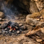 Un campement préhistorique à l’entrée d’une grotte rocheuse, avec un feu couvant, des graines sauvages, des pierres de broyage et une peau animale posée au sol.