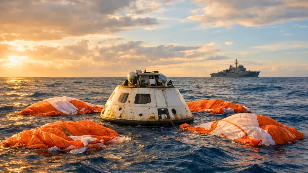 La capsule Orion flotte dans l’océan Pacifique après son amerrissage, entourée de parachutes orange affaissés à la surface.