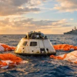 La capsule Orion flotte dans l’océan Pacifique après son amerrissage, entourée de parachutes orange affaissés à la surface.