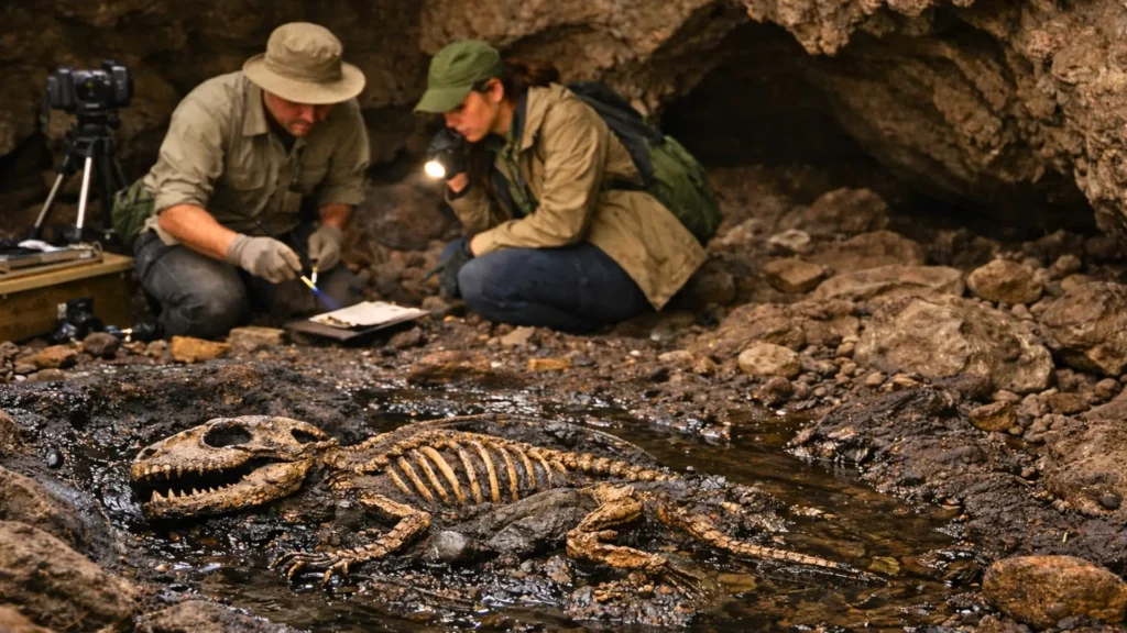 Paléontologues étudiant un fossile ancien dans une grotte humide, squelette bien conservé datant du Permien