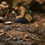Paléontologues étudiant un fossile ancien dans une grotte humide, squelette bien conservé datant du Permien