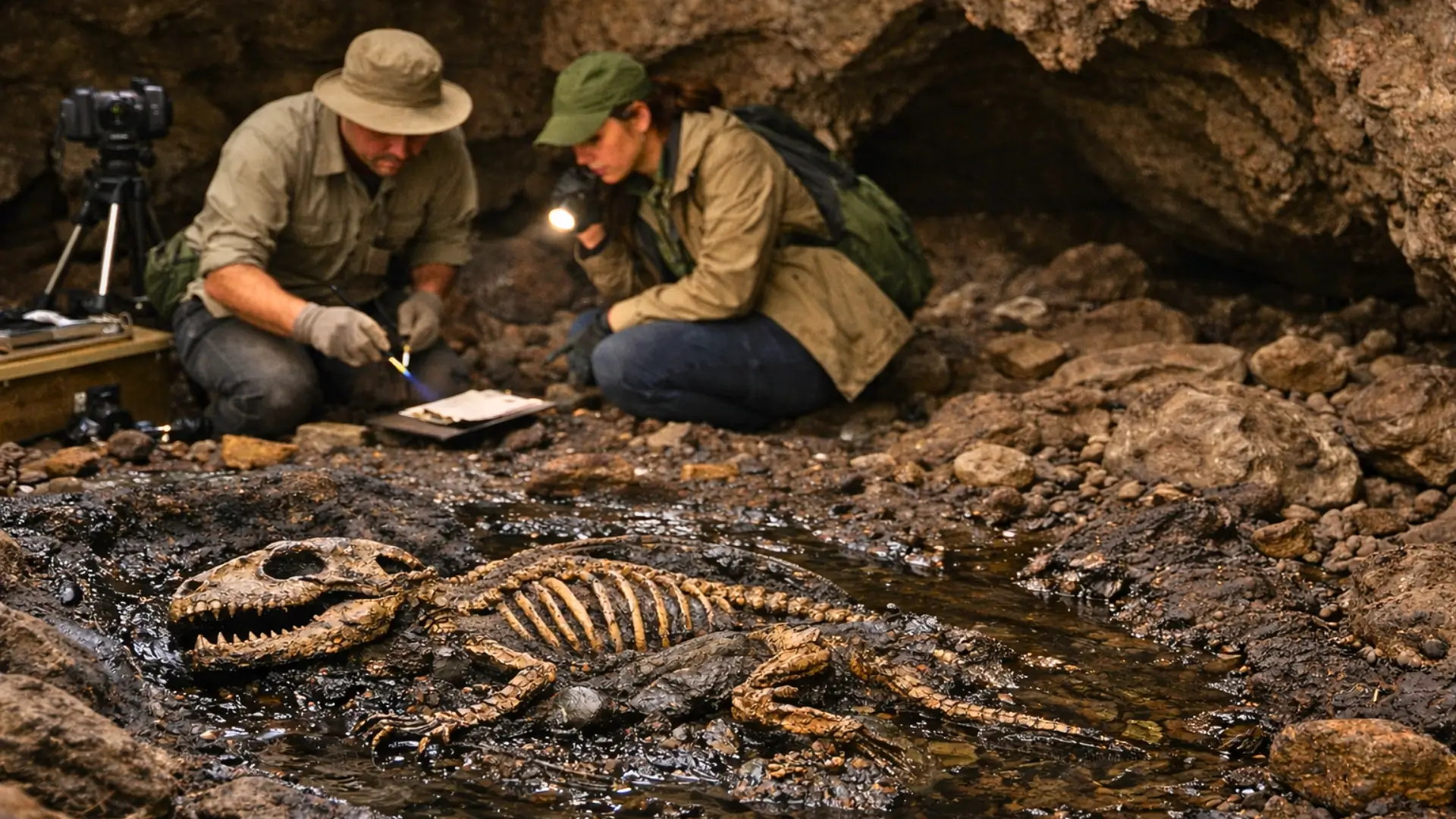 Paléontologues étudiant un fossile ancien dans une grotte humide, squelette bien conservé datant du Permien