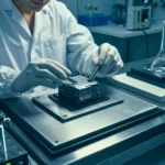 Scientifique manipulant un matériau ferrimagnétique compensé en laboratoire avec des instruments de précision