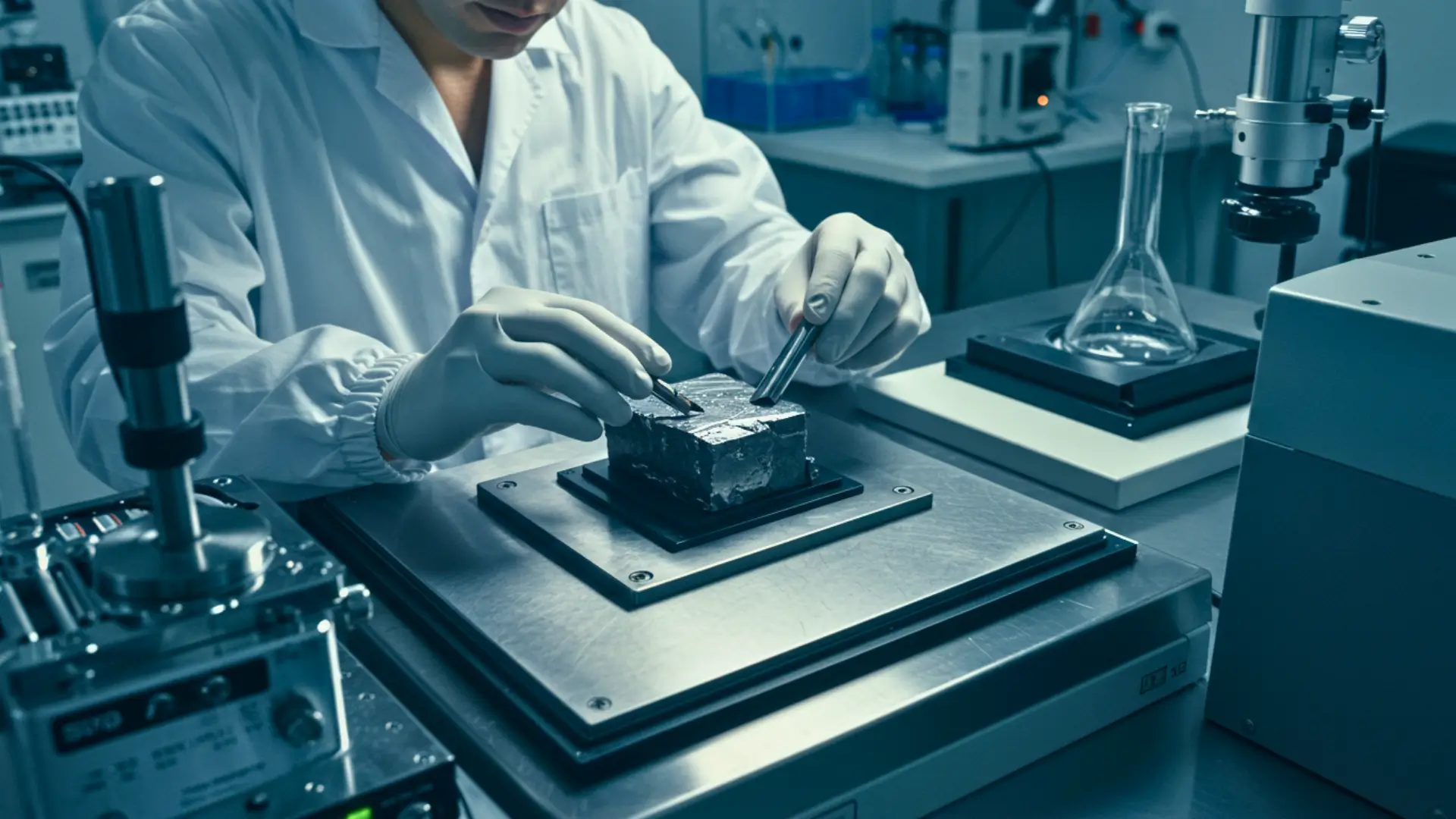 Scientifique manipulant un matériau ferrimagnétique compensé en laboratoire avec des instruments de précision