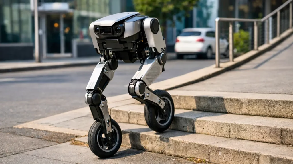 Robot bipède sur roues montant des marches en milieu urbain