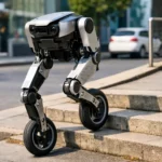 Robot bipède sur roues montant des marches en milieu urbain