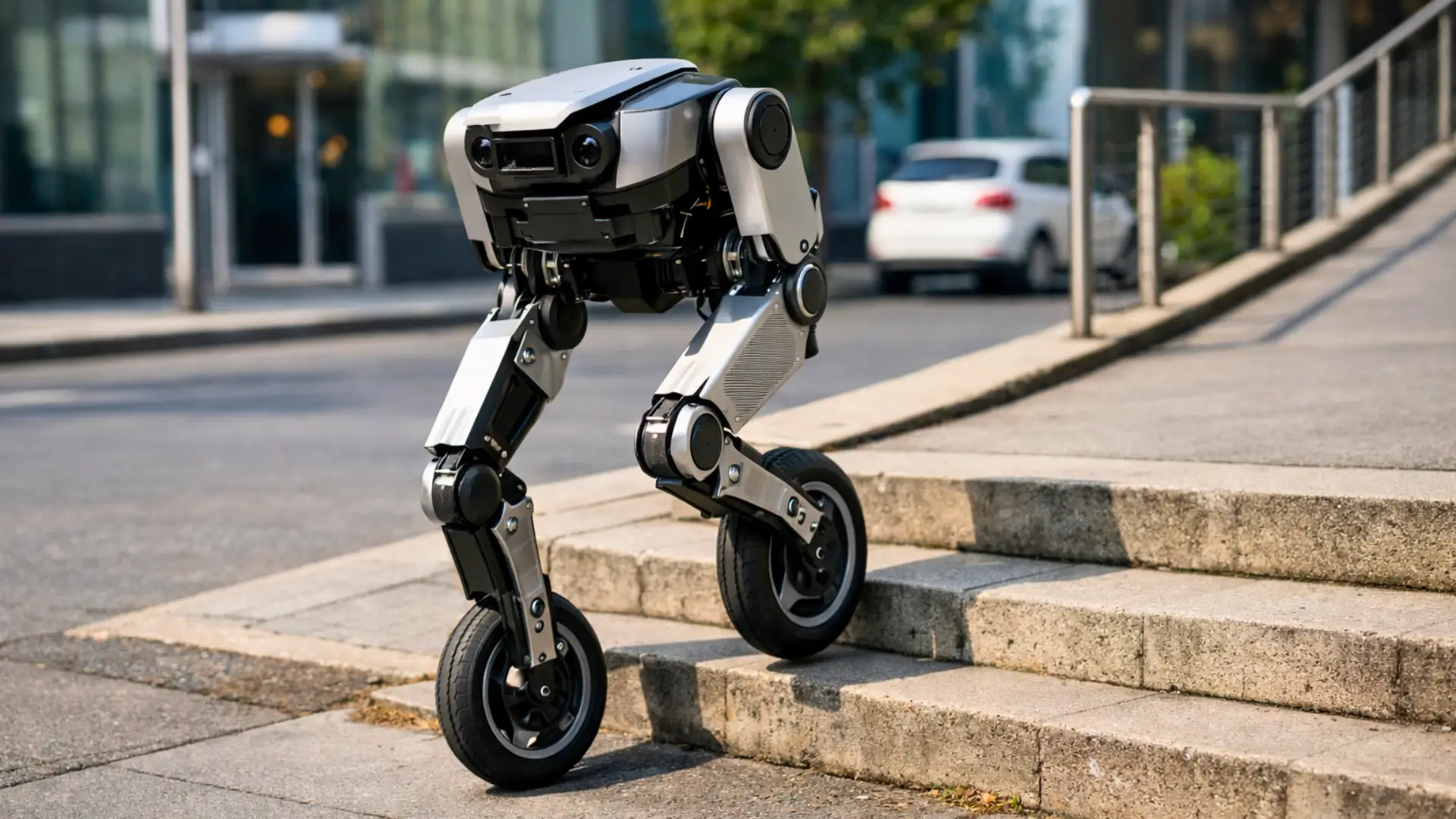Robot bipède sur roues montant des marches en milieu urbain