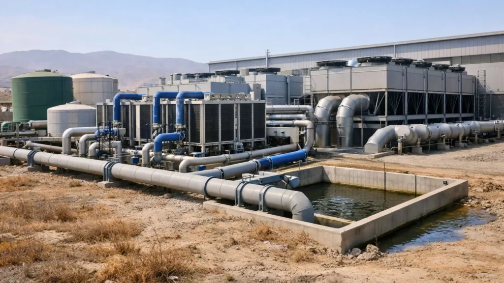 Vue extérieure d’un centre de données dédié à l’IA en zone aride, avec tuyaux de refroidissement, unités de refroidissement liquide, réservoirs d’eau recyclée et systèmes de ventilation industriels.