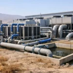 Vue extérieure d’un centre de données dédié à l’IA en zone aride, avec tuyaux de refroidissement, unités de refroidissement liquide, réservoirs d’eau recyclée et systèmes de ventilation industriels.