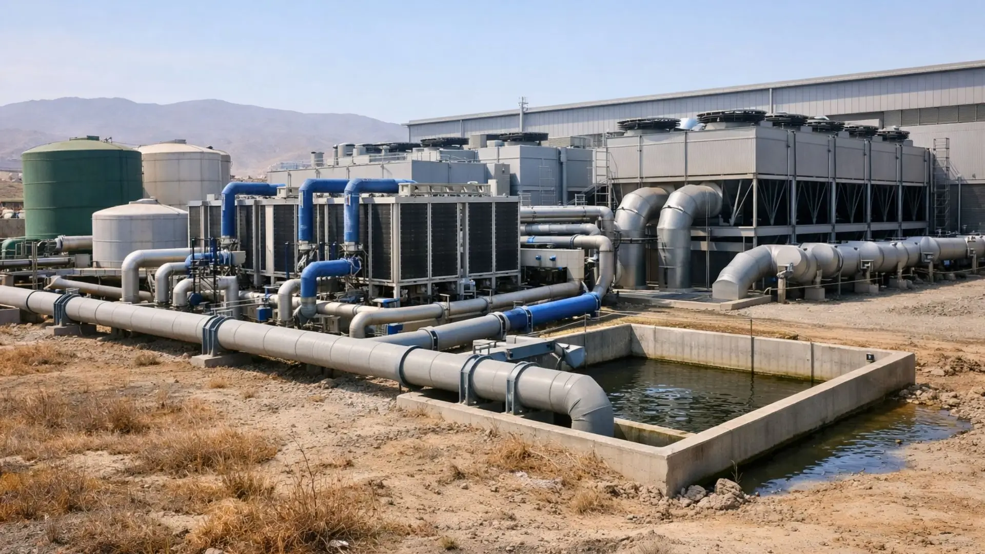 Vue extérieure d’un centre de données dédié à l’IA en zone aride, avec tuyaux de refroidissement, unités de refroidissement liquide, réservoirs d’eau recyclée et systèmes de ventilation industriels.