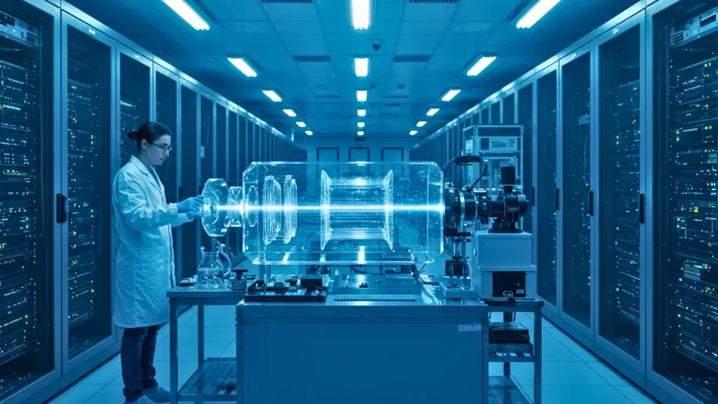 laboratoire avec serveurs et dispositif de stockage holographique 3D utilisant un faisceau lumineux