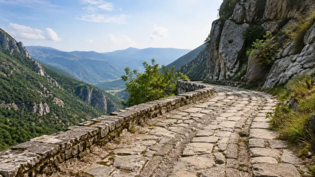 Un sentier pavé en pierres anciennes serpente le long d'une falaise abrupte, surplombant une vaste vallée verdoyante et des montagnes lointaines par une journée ensoleillée.