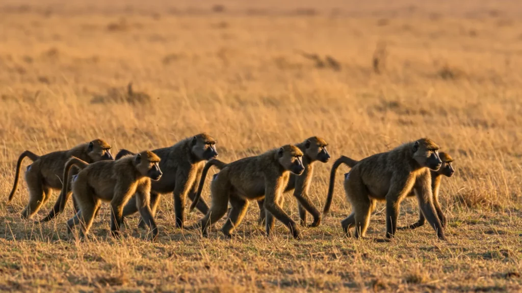 Groupe de babouins marchant ensemble dans la savane, illustrant leurs liens sociaux lors des déplacements