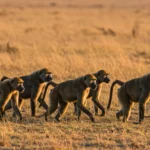 Groupe de babouins marchant ensemble dans la savane, illustrant leurs liens sociaux lors des déplacements