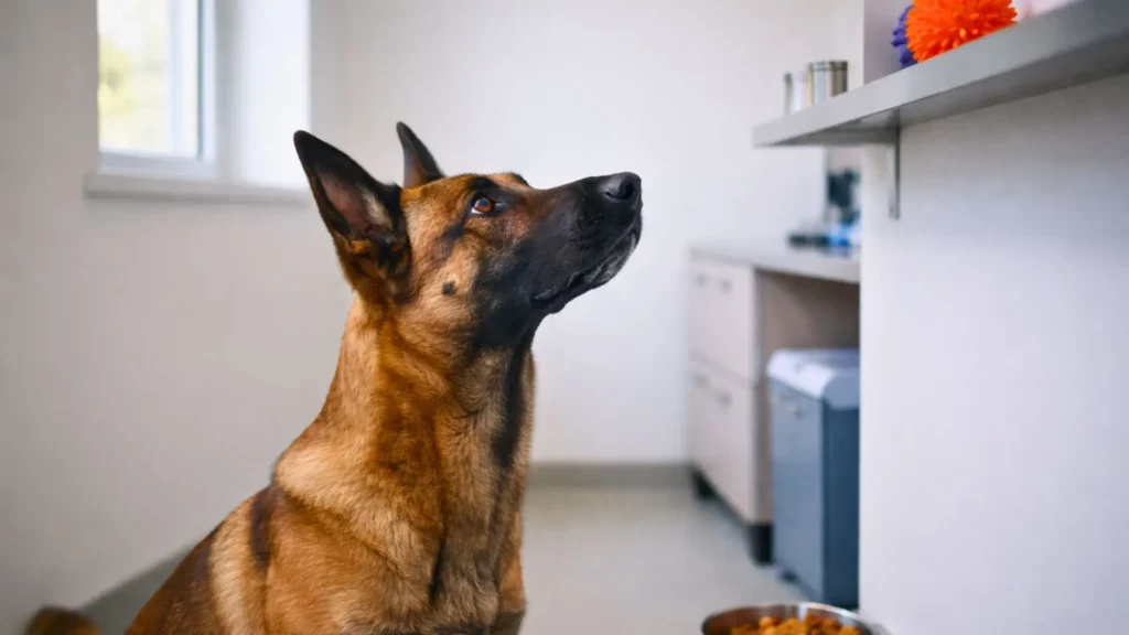 Un berger malinois fixe intensément un jouet en caoutchouc posé sur une étagère, ignorant des friandises au sol dans une salle vétérinaire.