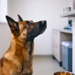 Un berger malinois fixe intensément un jouet en caoutchouc posé sur une étagère, ignorant des friandises au sol dans une salle vétérinaire.