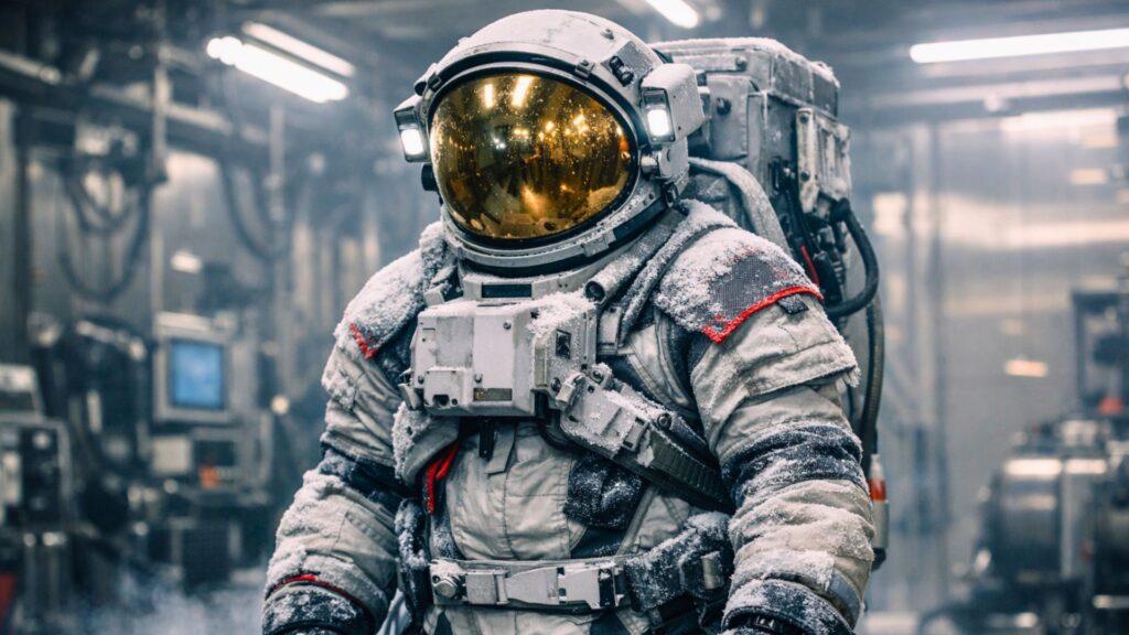 Une combinaison spatiale lunaire futuriste recouverte de givre, debout dans une chambre de test aérospatiale sous un éclairage industriel intense.