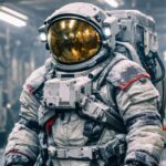 Une combinaison spatiale lunaire futuriste recouverte de givre, debout dans une chambre de test aérospatiale sous un éclairage industriel intense.