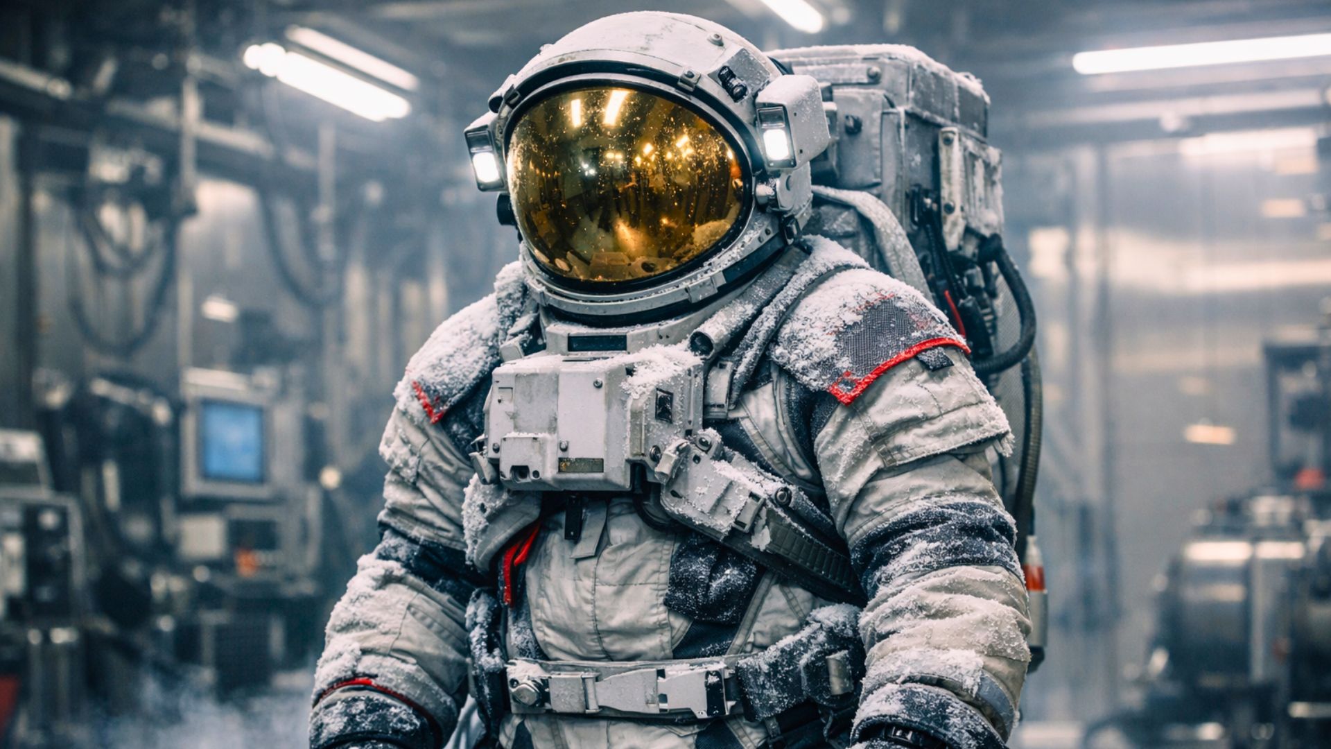 Une combinaison spatiale lunaire futuriste recouverte de givre, debout dans une chambre de test aérospatiale sous un éclairage industriel intense.