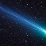 Une comète lumineuse traverse l’espace profond en diagonale, avec une longue queue ionique bleue et une coma vert turquoise sur fond d’étoiles colorées.
