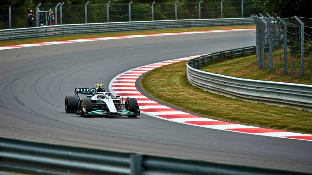 Voiture de course avec pilote roulant à grande vitesse dans un virage sur circuit automobile