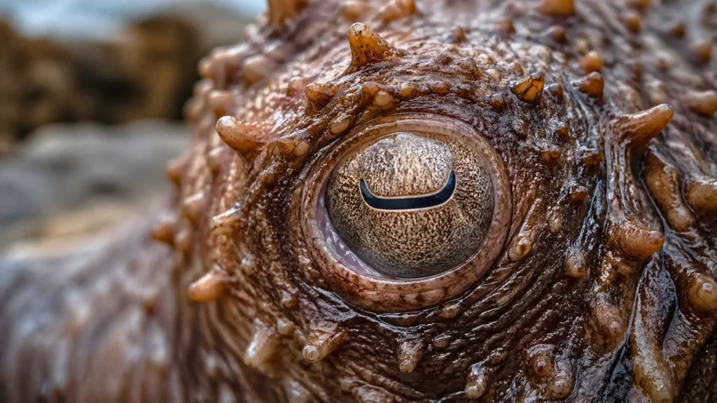 Gros plan d’une créature marine à la peau rugueuse et couverte de protubérances, avec un œil très détaillé.