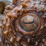 Gros plan d’une créature marine à la peau rugueuse et couverte de protubérances, avec un œil très détaillé.