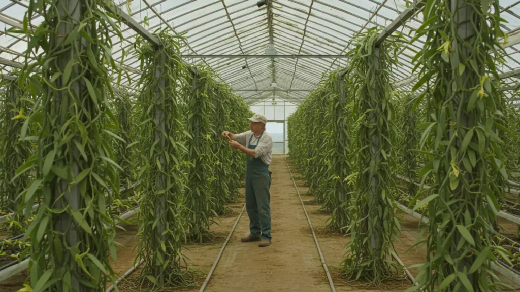 Producteur cultivant des plants de vanille en serre en Bretagne